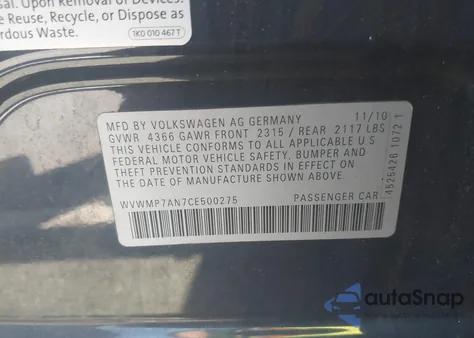 2012 Volkswagen Cc Sport из США, поврежденный, VIN WVWMP7AN7CE500275